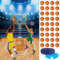 an image of basketball game being played on the court and in front of other sports items