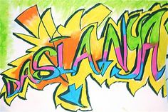 graffiti written on the side of a wall in green and yellow colors with words that spell out