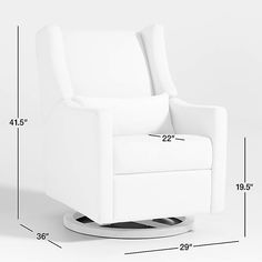 a white reclining chair with measurements for the seat and footrests on it