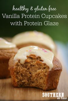 healthy and gluen free vanilla protein cupcakes with protein glaze