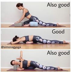 a woman doing yoga poses with the words also good on her chest and bottom half