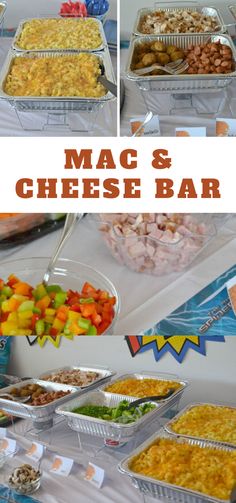 mac and cheese bar with lots of different types of food in containers on the table