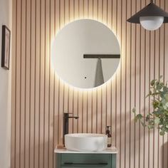 a bathroom with a sink, mirror and potted plant