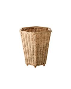 a large wicker basket with wheels on the bottom and sides, in front of a white background