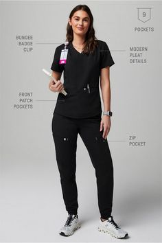 Stat Pleat 3-Pocket Top + On-Call Jogger Fabletics female regular Female Activewear, Black Scrubs, Scrub Life, Scrubs Nursing, Scrub Sets, Fine Yarn, Pocket Top, Scrub Tops, Active Wear For Women