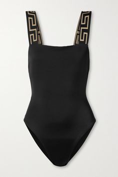 Versace's swimsuit is jacquard-woven with the label's instantly recognizable 'Greca' motif along the wide, supportive straps. Made from smoothing stretch fabric, it has a flattering square neckline, low back and high-cut legs. -- Black stretch-polyamide - Pulls on - 78% polyamide, 22% elastane; trim: 82% polyester, 9% polyamide, 9% elastane; lining: 78% polyamide, 22% elastane - Hand wash - Lotion, sunscreen, oil and chlorine can cause discoloration of this item; this is not a manufacturing defe Versace Swimsuit, Halter Neck Swimsuit, Versace Outfit, Costume Intero, Versace Sunglasses, Aviator Style, Long Torso, Fashion Inspiration Design, Blue Swimsuit