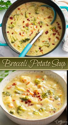 broccoli and potato soup with bits of bacon. Creamy Soup Vegetarian, Soups For Party, Broccoli Corn Soup, Loaded Ham And Potato Soup, Broccoli Recipes For Dinner, Family Friendly Soup, Unique Soup Ideas, Things To Make Out Of Potatoes, Crockpot Potato And Broccoli Soup