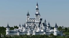 the castle is white and has black spires on it's roof, while trees are in front of it