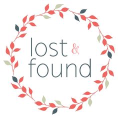 the lost and found logo is shown in red, green, and gray leaves on a white background