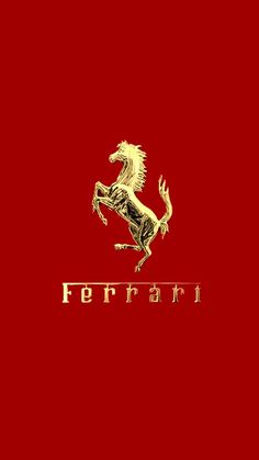 the ferrari logo on a red background with gold lettering and an image of a horse