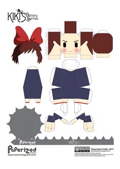 the paper doll is made to look like she's wearing a blue dress and red bow