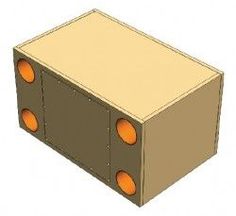 a cardboard box with two orange circles on the front and bottom, sitting in an upright position