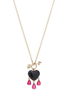 Gold & Stone Necklace - This striking necklace displays a jet-black onyx stone hand-carved into a puffed heart and dripping with 3 droplets of lab-grown ruby blood. 14k gold chain with an arrow toggle clasp. Gold Stone Necklace, Necklace Displays, An Arrow, Puffed Heart, Black Onyx Stone, Gold Stone, Onyx Stone, Toggle Clasp, Jet Black