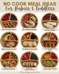 a wooden tray filled with different types of food and the words no cook meal ideas for babies and toddlers