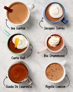 four different types of hot chocolates in mugs on a marble counter top with names