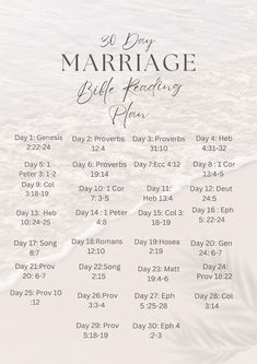 a white poster with the words 30 day marriage bible reading plan in black and white