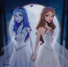 two cartoon characters dressed in wedding gowns standing next to each other on a moonlit background