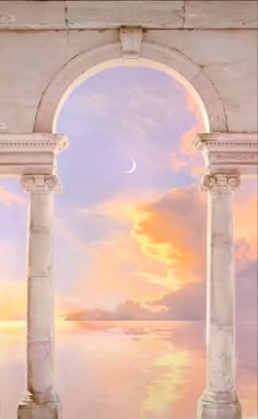 a painting of an arch with the sun setting in the background and clouds reflecting on the water