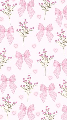 pink bows and hearts on a white background with small flowers in the foreground,