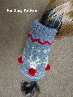 a dog wearing a knitted sweater with red and white snowflakes on it