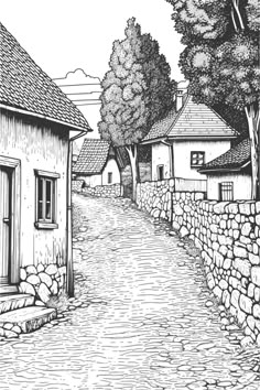 black and white drawing of an old village with stone walls, cobblestone streets and trees