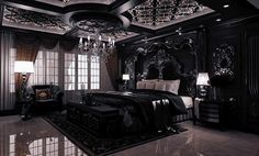 a luxurious bedroom with chandelier, bed and black furniture in the middle of the room