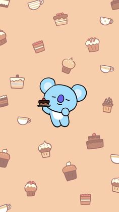 a blue teddy bear eating a piece of cake