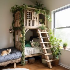 a cat sitting on top of a bunk bed next to a window with plants growing over it