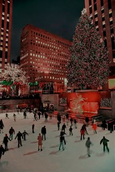 people skating on an ice rink in front of a large christmas tree and tall buildings