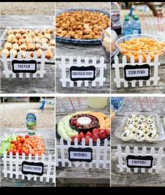 several pictures of different types of food on display in front of a table with drinks