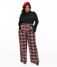 These chic 1960's style Smak Parlour plus size wide leg pants are crafted in a black and red plaid woven blend and feature a thick waistband that is secured by a front zipper and button closure. Complete with front functional pockets and faux back pockets..Available in sizes XS-4X while supplies last. | Smak Parlour Plus Size 1960S Black & Red Plaid Wide Leg Trousers | Size 4X/22-24 Plus Size Wide Leg Pants, Plus Size Wide Leg, 1960's Style, 1960s Fashion, Red Plaid, Wide Leg Trousers, Unique Vintage, Front Zipper, Leg Pants