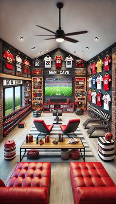 a living room filled with red couches and soccer jerseys on the wall behind them