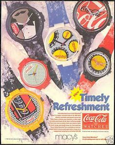 an advertisement for coca cola wrist watches with different designs and colors on the watch faces