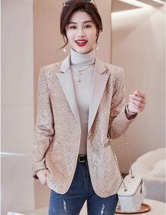 This stylish blazer coat is perfect for the office or any casual occasion. Made with shiny sequins. the long sleeves add a touch of sophistication. Elevate your wardrobe with this sleek and versatile piece. Casual Office Style, Leather Scarf, Slim Blazer, Jumpsuit And Blazer, Stylish Blazer, Mens Pajamas Set, Style Blazer, Long Sleeve Outerwear, Women's Evening Dresses