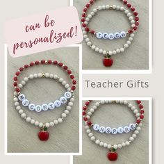 two bracelets with beads and an apple on the end, one is personalized