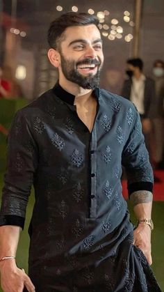 Virat With Fashionable Kurta🍃 Eid Special Kurta For Men, Eid Kurta, Kurta Black, India Fashion Men, Indian Wedding Suits Men, Latest Kurta Designs, Indian Wedding Clothes For Men, Wedding Kurta