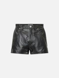 Details & Size Guide  Made from buttery-soft 100% lamb skin, this mini short has a distinctive, supermodel-inspired edge. Features front pockets plus side slits for a flattering fit.  FITS TRUE TO SIZE Frame Store, Leather Short, Mini Short, Leather Shorts, Siding, Skin, Leather, Black