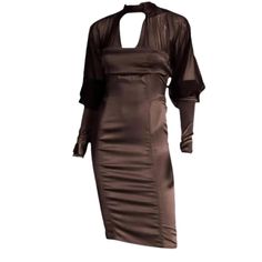 A Gorgeous Rich Brown Fine Stretch Silk Dress From Tom Ford For Gucci. The Dress Portion Is Strapless Then It Is Sheer To The Stand Up Collar At The Neck And To The Elbows Of The Dramatic Leg Of Mutton Sleeves Which Are Opaque From Elbows To The Zippered Wrists. The Semi Fitted Waist Gives Way To A Straight Skirt With Vertical Seaming And Is Unlined With Meticulously Finished Seams And A Side Zipper. Fits Sizes Small, Medium. Marked Italian Size 42. Bust 34-36" Waist 28-30" Hips 38-40" Sleeves F Elegant Gucci Mini Dress For Party, Fitted Gucci Dress For Night Out, Gucci Fitted Dress For Night Out, Sheer Silk Midi Dress For Formal Occasions, Formal Sheer Silk Midi Dress, Elegant Gucci Cocktail Mini Dress, Fitted Silk Midi Dress With Sheer Sleeves, Silk Midi Dress With Sheer Sleeves, Silk Midi Dress With Sheer Sleeves For Party