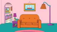 a cartoon living room with an orange couch and pink rug on the green flooring