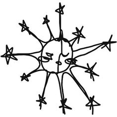 a black and white drawing of the sun with stars on it's face, which is