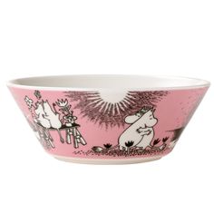 a pink and white bowl with cartoon characters on it