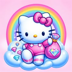 a hello kitty sitting on top of a cloud holding a pink bag and diamond necklace