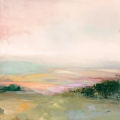 an abstract painting with pink, green and yellow colors in the sky over a field