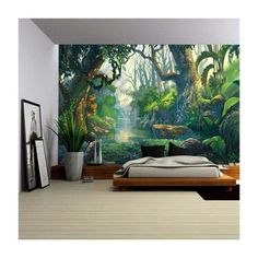 a bedroom with a large mural on the wall