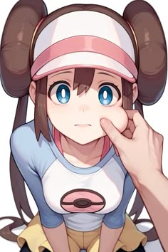 an anime character with big ears and blue eyes pointing at her finger to the side