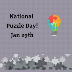 the national puzzle day poster is shown with jigsaw pieces and a light bulb