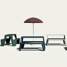 three different colored stools and an umbrella