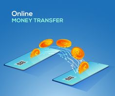 two smartphones with money coming out of them and the text online money transferer