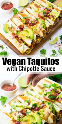 vegan taquitass with chipotle sauce and avocado on the side