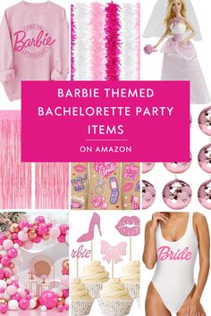 barbie themed bachelor party items including cake, cupcakes and pink decorations with the words barbie